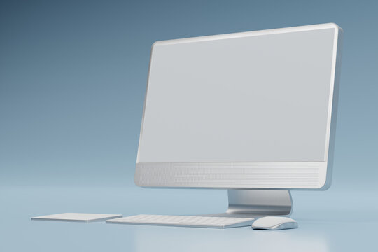 3d Computer monitor, wireless mouse, keyboard float on blue background.3d illustration