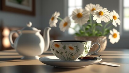  a cup of coffee with a saucer and spoon on a table.  generative ai