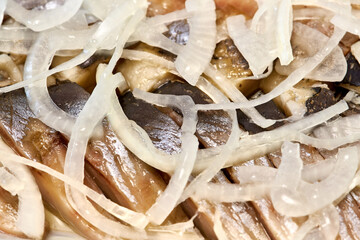 herring salad, herring with onions close-up