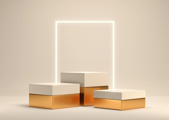 box podium display for product and presentation with a light frame, minimal style, 3D rendering