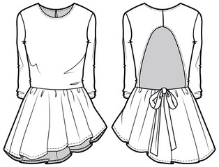 womens long sleeve backless ballet dance dress, skating dress gymnastic leotard dress flat sketch vector illustration front and back view technical cad drawing template