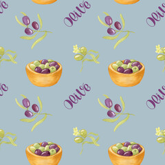 Watercolor Olive Seamless Pattern. Illustration with Olives in a Wooden Bowl and Olive Branches. Design for Cosmetics Packaging and so on.