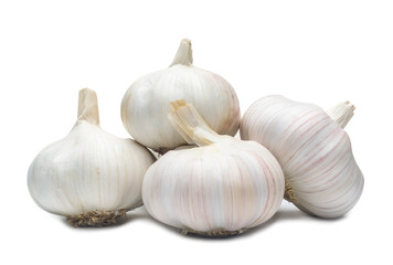four fresh white garlic bulbs in stack isolated on white background with clipping path and shadow in png file format, Thai herb is great for healing several severe diseases, heart attack, 