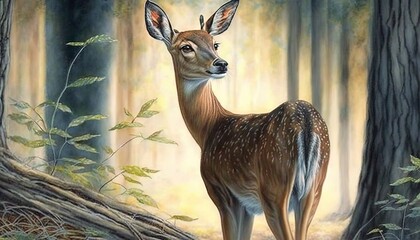  a painting of a deer in a forest with tall trees.  generative ai