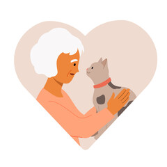 Elderly woman hugging her cat. Animal human friendship concept. Vector illustration in shape of heart.