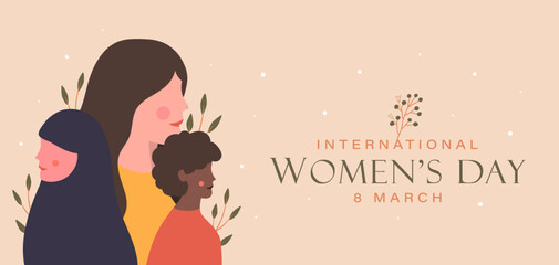 Happy women's day with three face ethnic and cultures illustration design