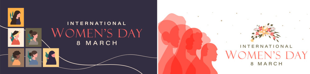 International women's day banner concept with portrait flat face illustration design