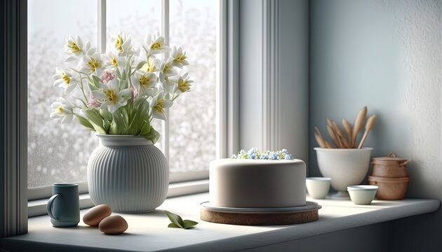  a vase with flowers and eggs on a window sill.  generative ai