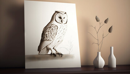  a picture of an owl sitting on a table next to a vase.  generative ai