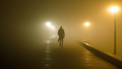  a person walking down a street in the fog with a dog.  generative ai