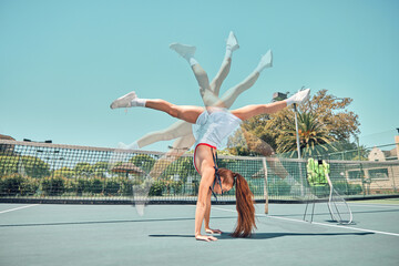 Woman, tennis and handstand for balance, sport or summer sunshine in motion blur sequence, legs and feet in air. Gen z girl, athlete or training for workout, fitness or goals for strong body at court