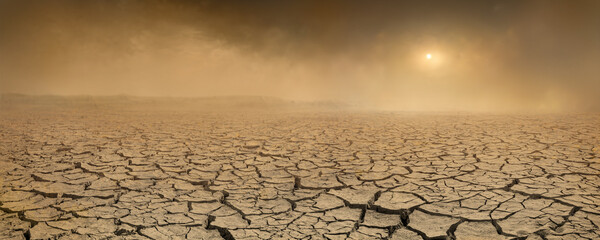Wide panorama of barren cracked land with sun barely visible through the dust storm. Drought and desertification concept - obrazy, fototapety, plakaty