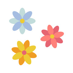 Simple colored flowers in cartoon style on white background. Three flowers with colorful petals. Budding buds. Design elements for postcards, patterns, scrapbooking, textiles. Vector illustration