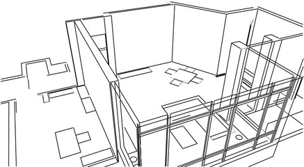 3d illustration of a house's living room from top. Architectural perspective with furniture layout in monochrome. Conceptual sketch.
