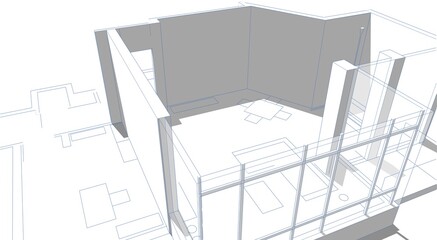 3d illustration of a house's living room from top. Architectural perspective with furniture layout in blue lines. Conceptual sketch with shadows.