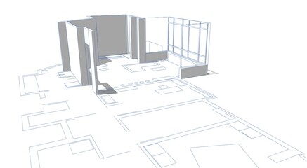 Architectural 3d illustration of a house plan both 2d and 3d. Living room's walls are elevated. Conceptual plan in blue line contour with shadows. 