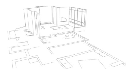 Architectural 3d illustration of a house plan both 2d and 3d. Living room's walls are elevated. Conceptual plan in monochrome.