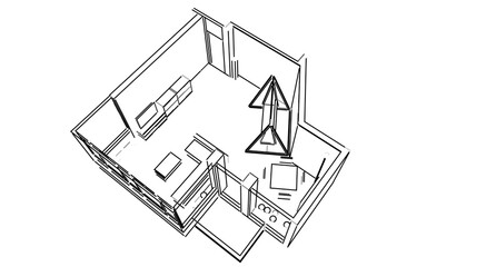 3d illustration of a  living room in a flat from top. Architectural perspective with furniture model layout. Monochrome conceptual sketch.