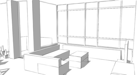 Partial perspective 3d illustration of a living room with balcony in a flat. Architectural scene from human eye level with furniture model layout.  Monochrome conceptual sketch with shadows.