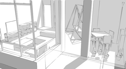 Partial perspective 3d illustration of a living room with balcony in a residence. Architectural scene with furniture model layout, looking from outside.  Monochrome conceptual sketch with shadows.