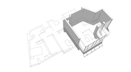 Architectural perspective, 3d illustration of a house plan both 2d and 3d. Living room's walls are elevated with shadow effect. Conceptual sketch.