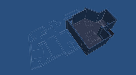 Architectural perspective 3d illustration of a house plan both 2d and 3d. Living room's walls are elevated. Conceptual sketch in blueprint style. 