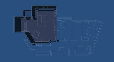 Architectural 3d illustration of a house plan both 2d and 3d. Living room's walls are elevated. Conceptual sketch in blueprint style. 