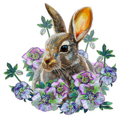 Little rabbit in hellebore flowers. Drawn by hand. The cute bunny is perfect for prints, packaging, postcards and more.