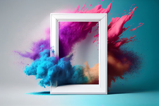 Product Display Frame With Colorful Powder Paint Explosion. Generative Ai