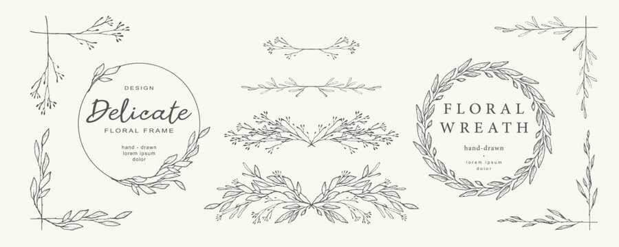 Hand drawn floral frames in sketch style. Vintage wreath. Trendy elements of plants, branches, leaves. Vector illustration for label, branding business identity, wedding invitation, greeting card