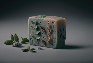  Aesthetic minimalist natural soap with herbs. Generative AI.