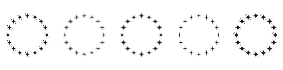 Stars in Circle Shape Silhouette Icon Set. Circular Decor Ornament Icon on White Background. Modern Round Award Frame with Black Stars Pictogram. Isolated Vector Illustration