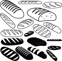 drawing of long loaf silhouette. set of different types of bread