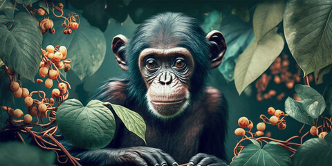 chimpanzee among green leaves, monkey in the jungle, generative ai