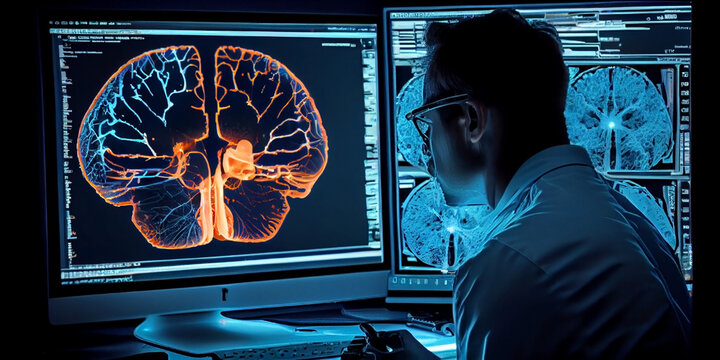 A doctor using advance holographic scanning. A patient's brain neuron pathology and diagnostic scan. Futuristic biomedical concept. Generative AI