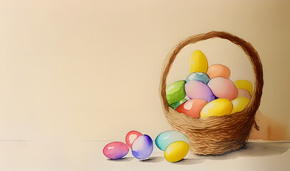Naklejka na ściany i meble easter eggs in a basket with flowers and leaves on a warm background painted in watercolor style - holiday - watercolor - banner - generative ai - mockup - template - art - still life - drawing 