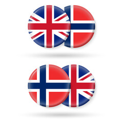 Obraz premium Norway and UK circle flags. 3d icon. Round British and Norwegian national symbols. Vector illustration.