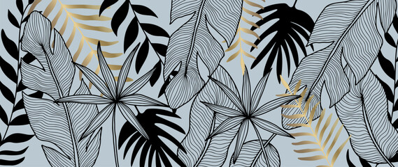 Pale blue abstract vector background with palm leaves, fern, golden branches with leaves