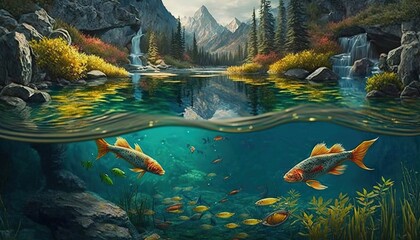  a painting of two fish swimming in a lake surrounded by rocks.  generative ai