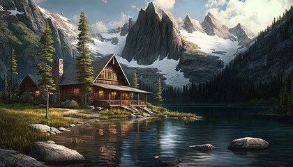Fototapeta premium a painting of a cabin by a lake with mountains in the background. generative ai