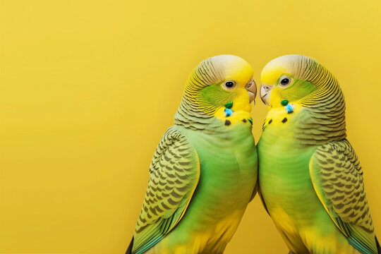 Two lovesick wavy green parrots are sitting together. Generative AI, generative artificial intelligence