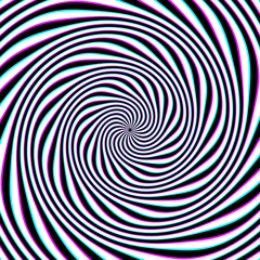 Circular background of white black and cyan magenta spiral striped pattern. Psychedelic optical art design.