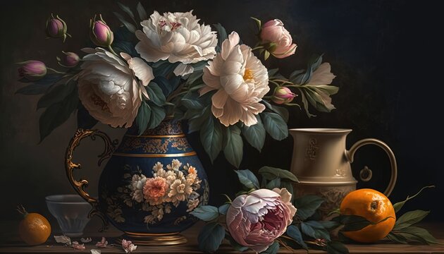  a painting of a vase with flowers and fruit on a table.  generative ai
