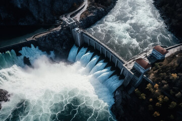 Aerial view of the Hydroelectric Dam. Generative AI - obrazy, fototapety, plakaty