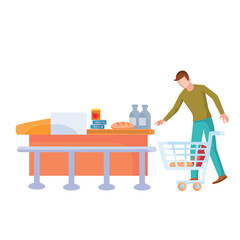 a man stands at the checkout and takes out groceries from his trolley, flat, isolated object on a white background, vector,