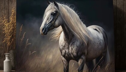  a painting of a white horse in a field of grass.  generative ai