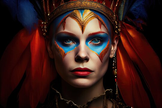 Beautiful young woman in carnival mask and stylish masquerade costume with feathers and sparklers. Carnival, Mardi Gras, Christmas, New Year, celebration. Festive time, dance, party