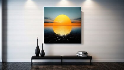  a painting of a sunset over a body of water in a room.  generative ai