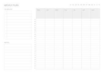 A weekly plan design template in a modern, simple, and minimalist style. Note, scheduler, diary, calendar, planner document template illustration.