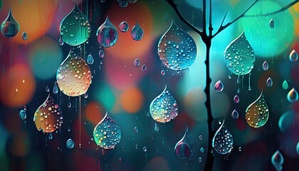  a painting of rain drops hanging from a tree in front of a window.  generative ai